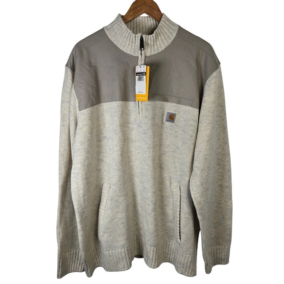 Carhartt Mens XL Quarter Zip Mock Neck Sweater Beige Knit Pullover Casual - Picture 1 of 5